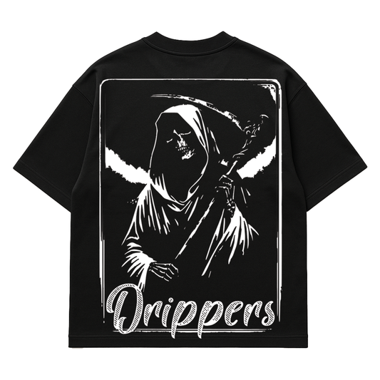 Black t-shirt with a white graphic of a hooded figure and 'Drippers' text on a white background