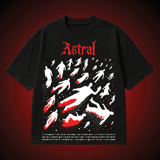 Black t-shirt with red and white graphic design on a dark red background