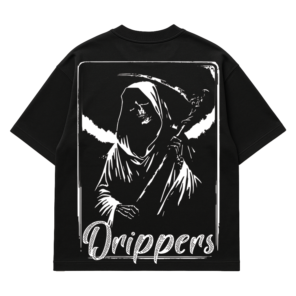 Black t-shirt with a white graphic of a hooded figure and 'Drippers' text on a white background