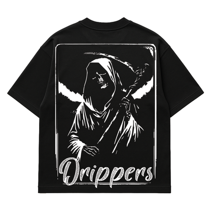 Black t-shirt with a white graphic of a hooded figure and 'Drippers' text on a white background