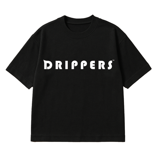 Black t-shirt with 'DRIPPERS' text on a white background