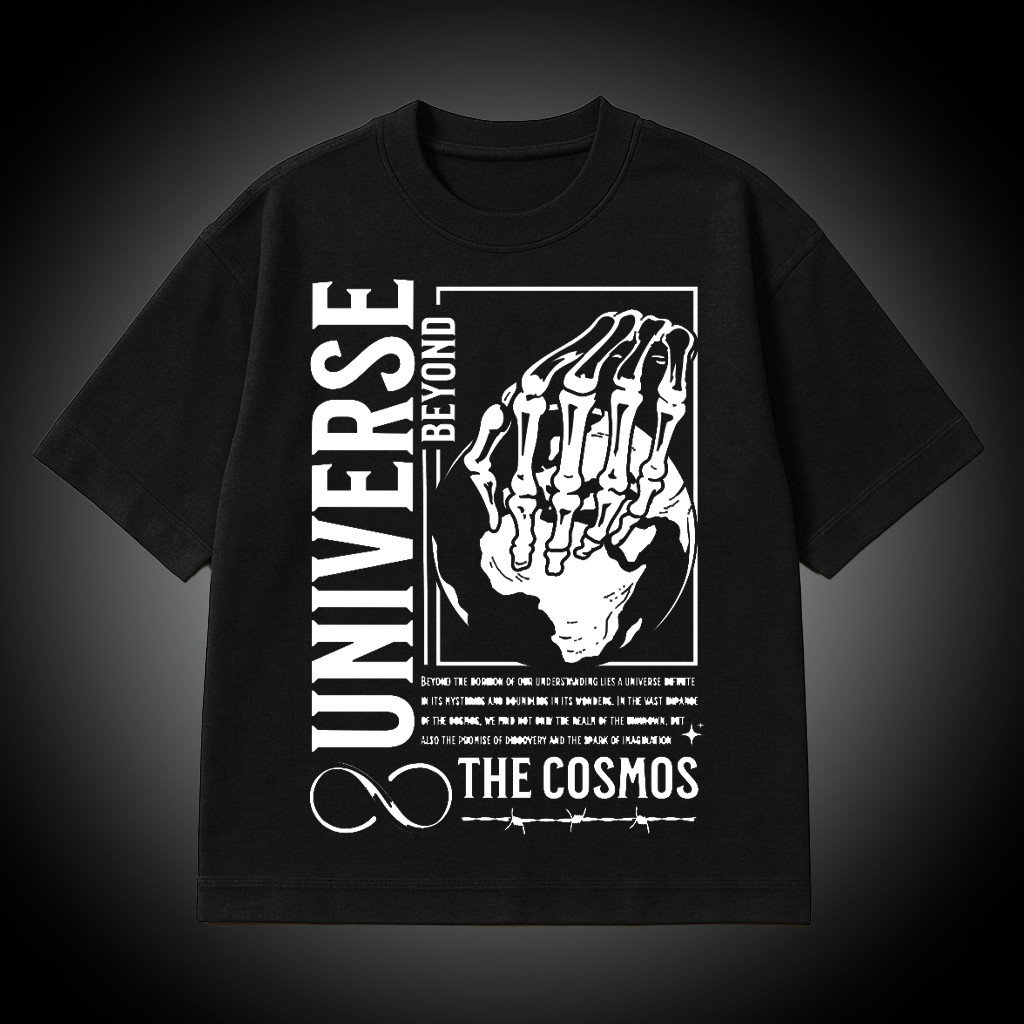 Black t-shirt with white graphic design and text on a dark background