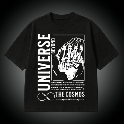 Black t-shirt with white graphic design and text on a dark background