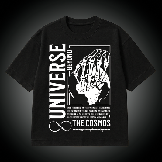 Black t-shirt with white graphic design and text on a dark background
