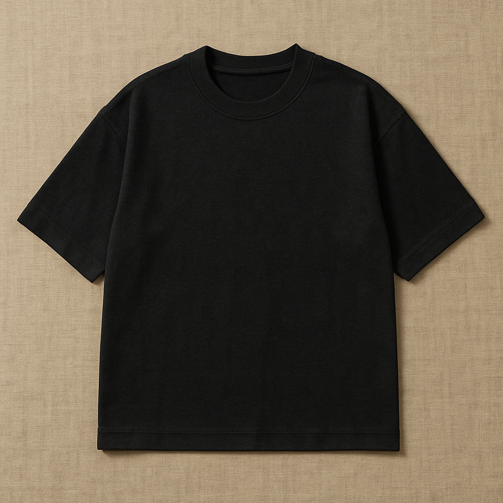A black oversized t-shirt with drop shoulders displayed on a neutral background.