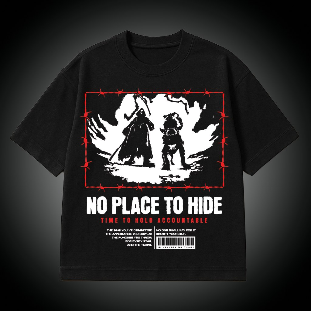 Black t-shirt with graphic design of a grim reaper with dog and text 'No Place to Hide' on a dark background