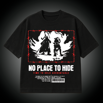 Black t-shirt with graphic design of a grim reaper with dog and text 'No Place to Hide' on a dark background