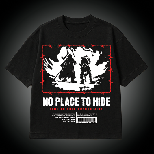 Black t-shirt with graphic design of a grim reaper with dog and text 'No Place to Hide' on a dark background